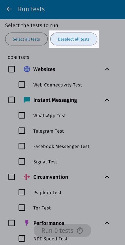 Deselect all tests
